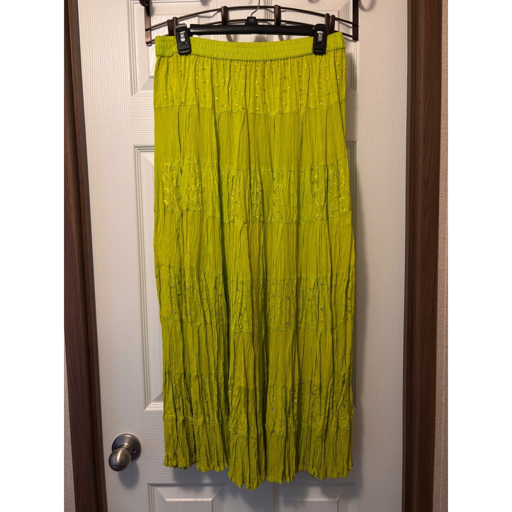 Sacred Threads Lime Green Crinkle Rayon Tiered Maxi Skirt Sequin Embroidered OS